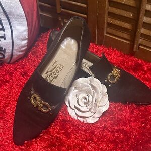 Salvatore Ferragamo Women's Brown Loafers with Gold Accents